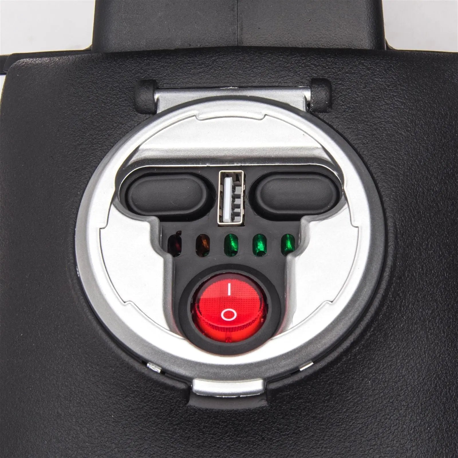 Close-up of 12V kids ride on motorcycle dashboard with power switch and indicator lights