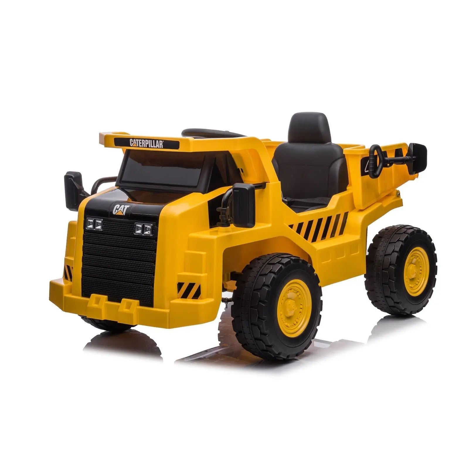 Yellow 12V CAT electric ride-on dump truck for kids, one-seater, with large rugged wheels.