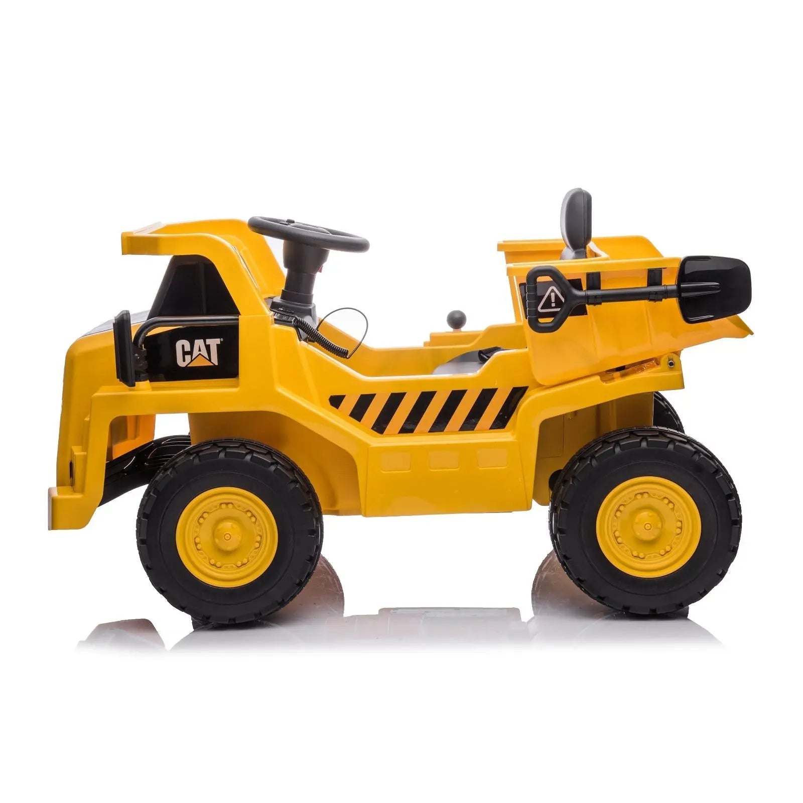 Yellow 12V electric dump truck ride-on toy with CAT logo and one seat, side view.