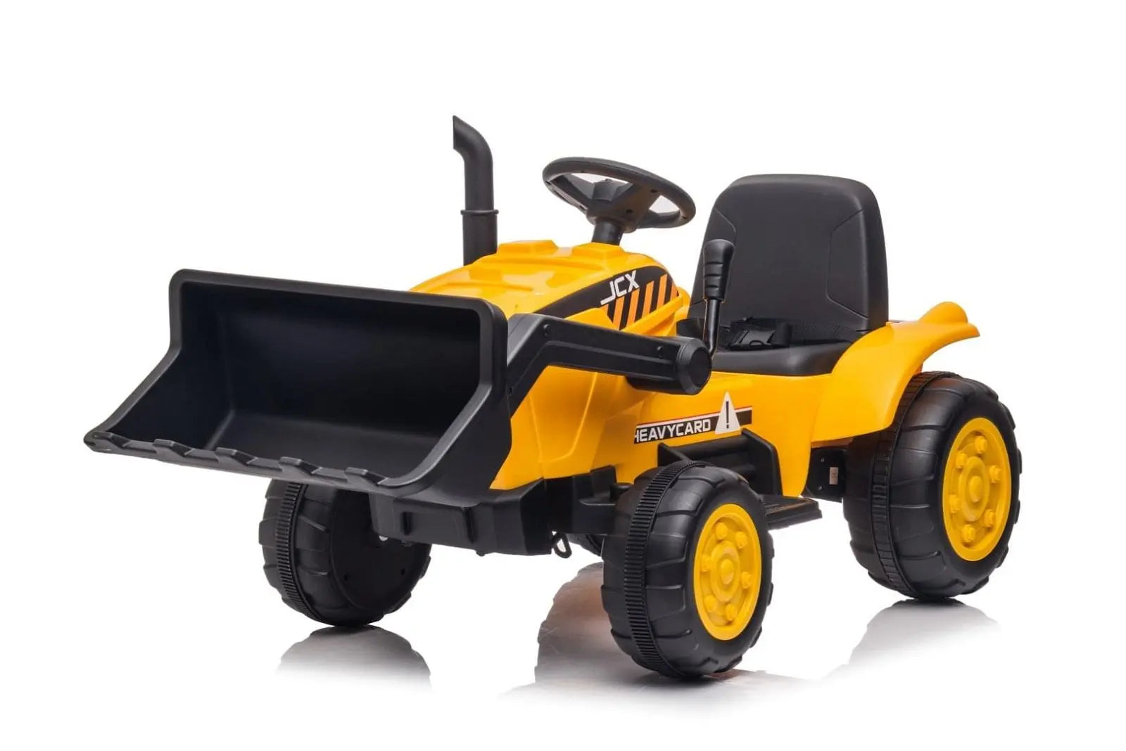 Yellow 12V kids ride-on excavator toy with large front bucket and single seat on white background.