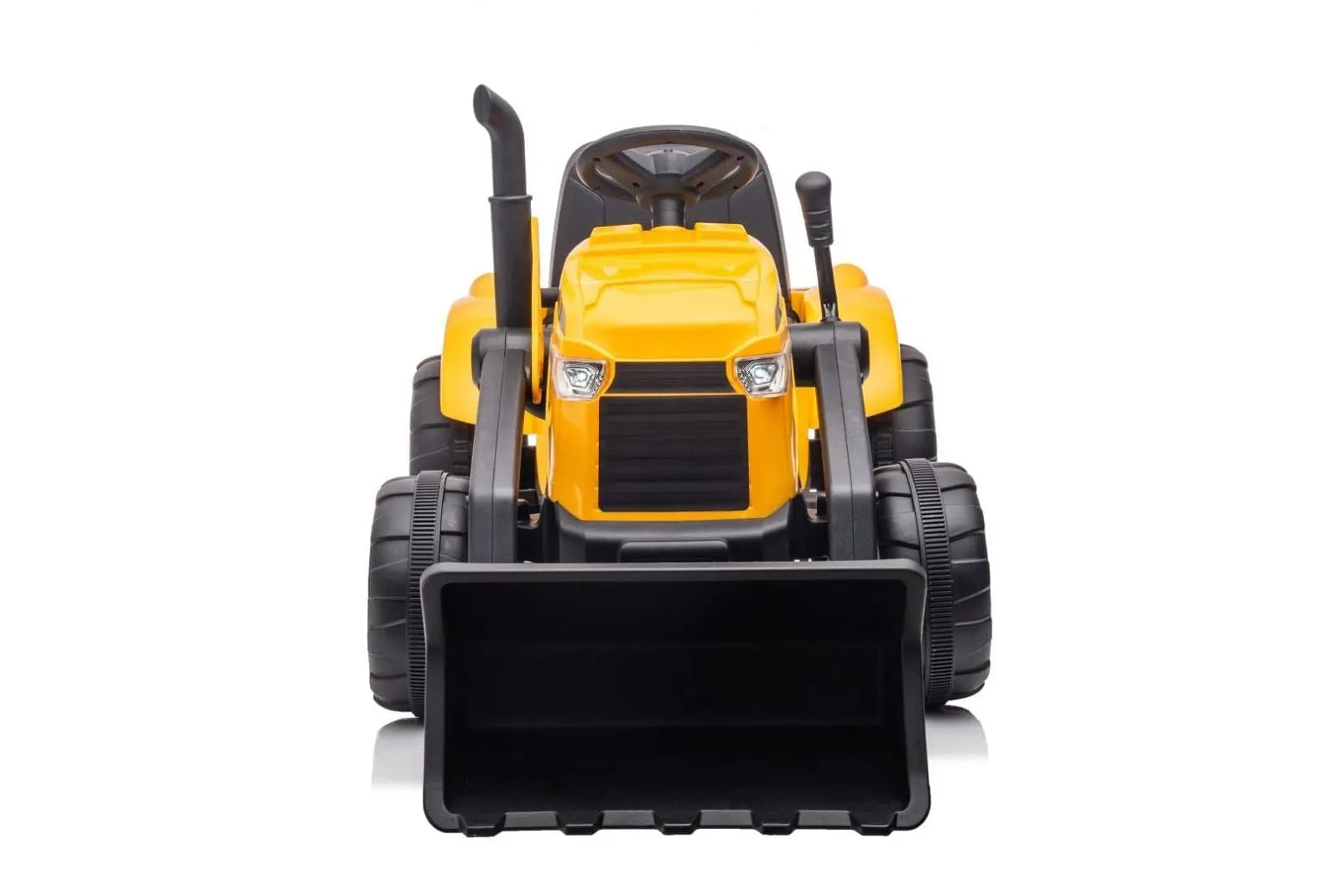 Yellow kids' ride-on excavator toy with front loader bucket and large wheels, front view