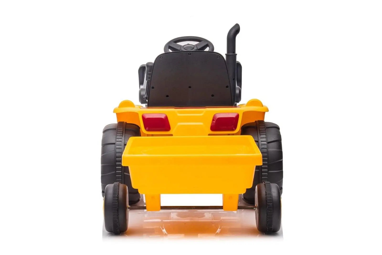Yellow 12V ride-on excavator toy for kids, single seat, large wheels, rear view