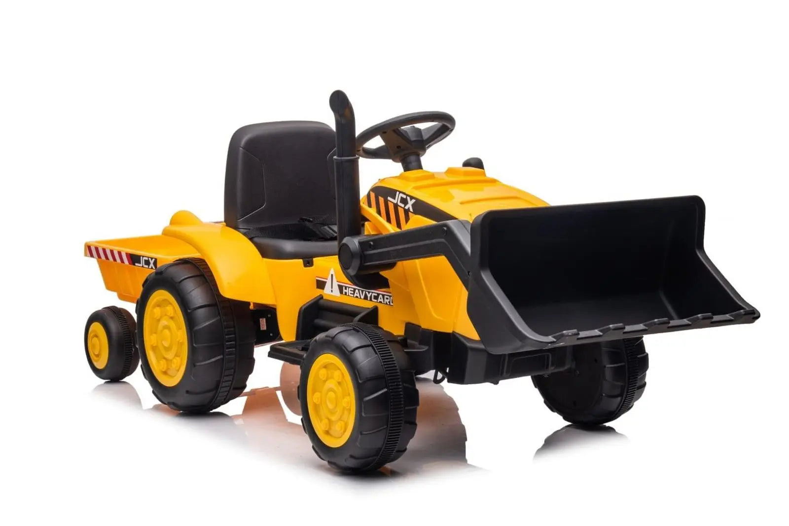Yellow 12V ride-on excavator toy for kids with black seat and front loader on white background
