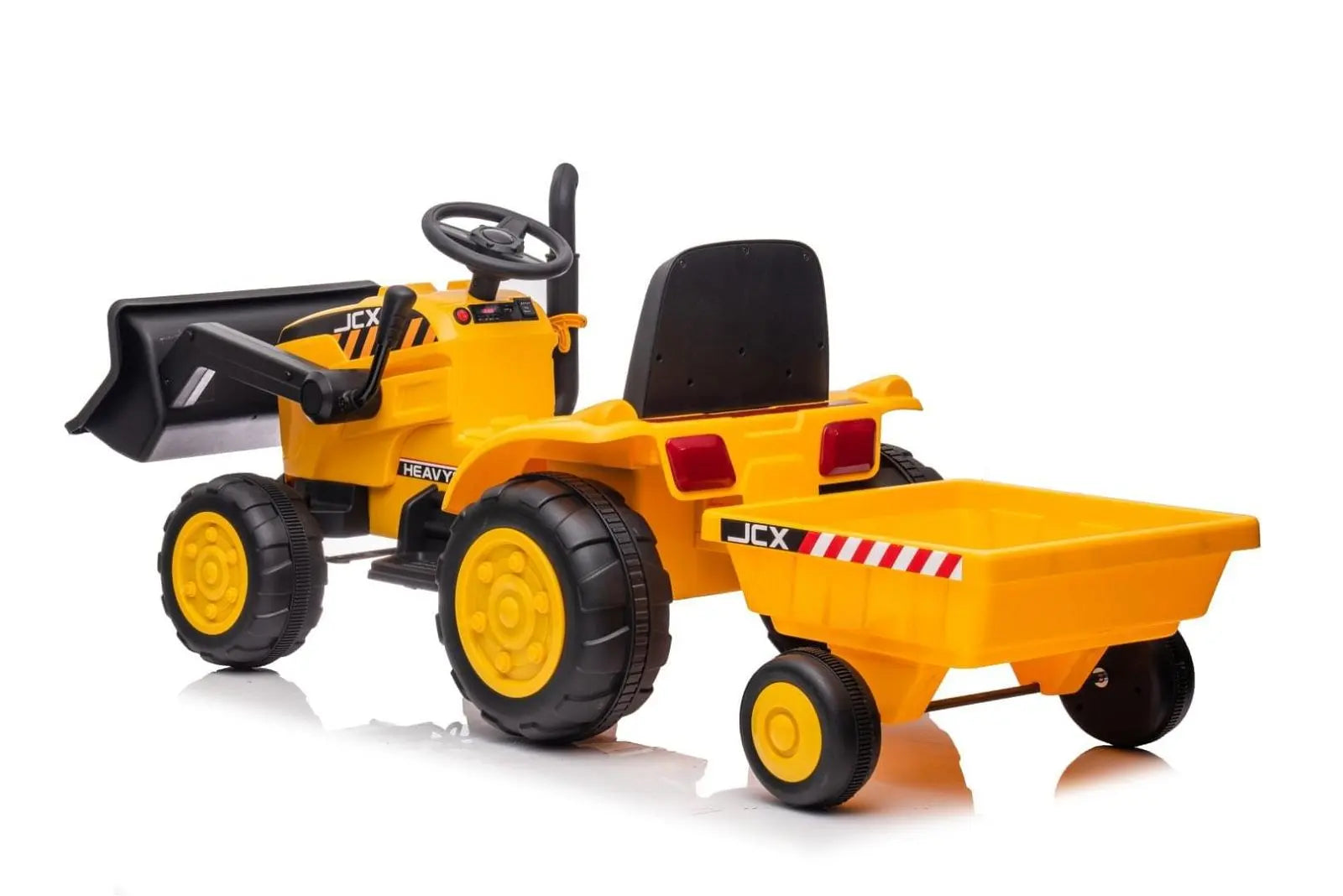Yellow kids' ride-on excavator toy with dump trailer and black wheels on white background