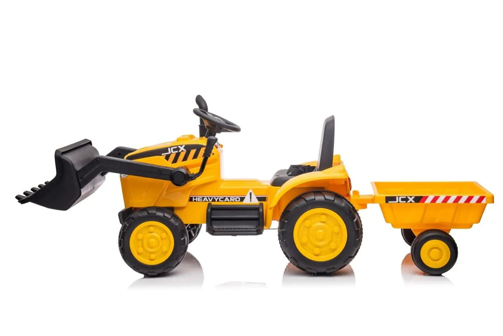 Yellow 12V kids ride-on excavator toy with front loader and detachable trailer