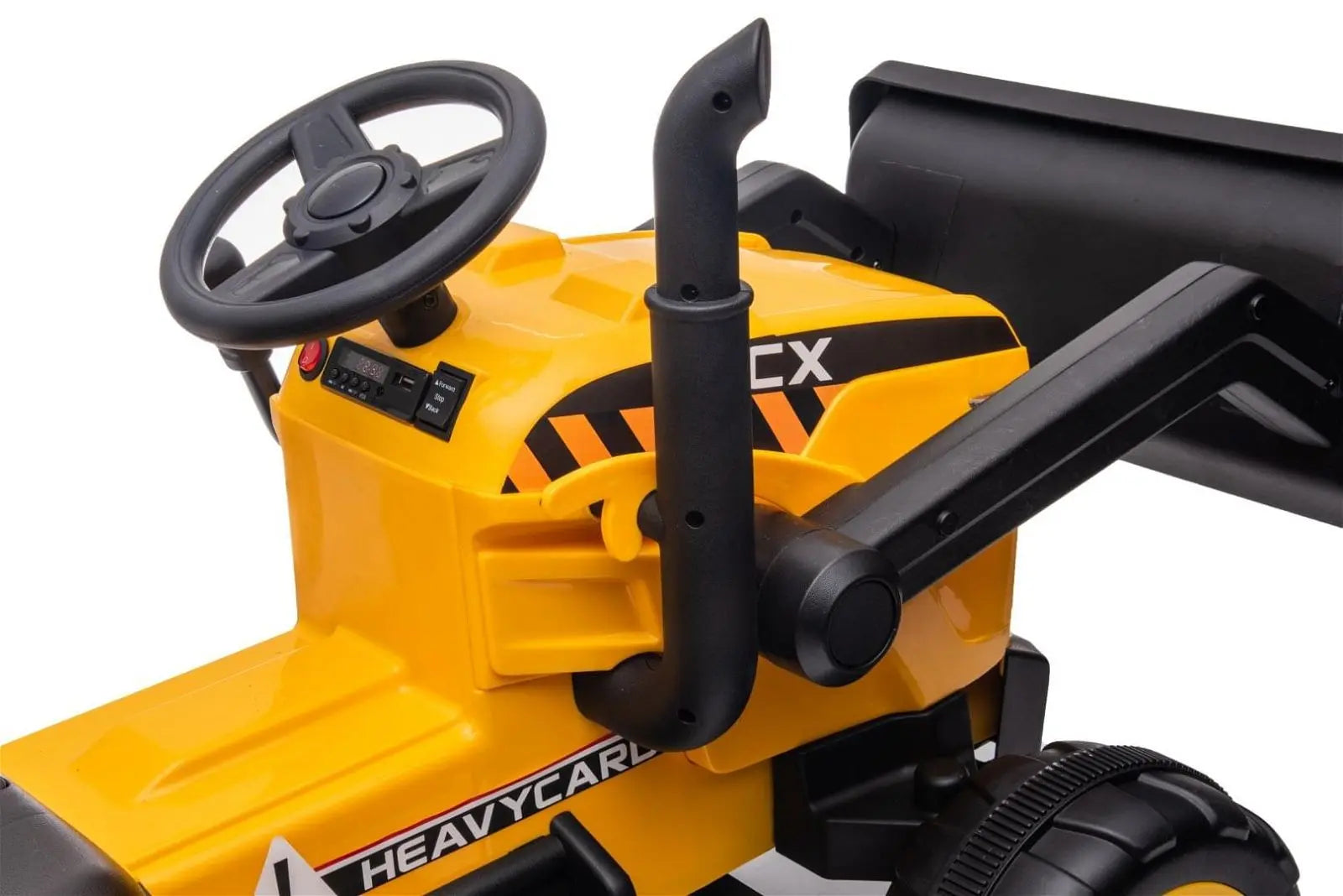 Close-up of yellow ride-on toy excavator for kids with steering wheel and controls