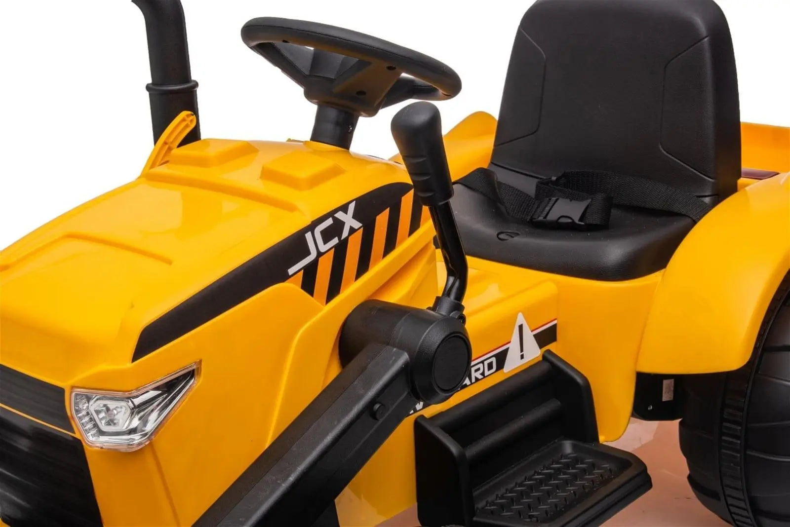 Yellow 12V ride-on excavator toy for kids with steering wheel and safety seatbelt