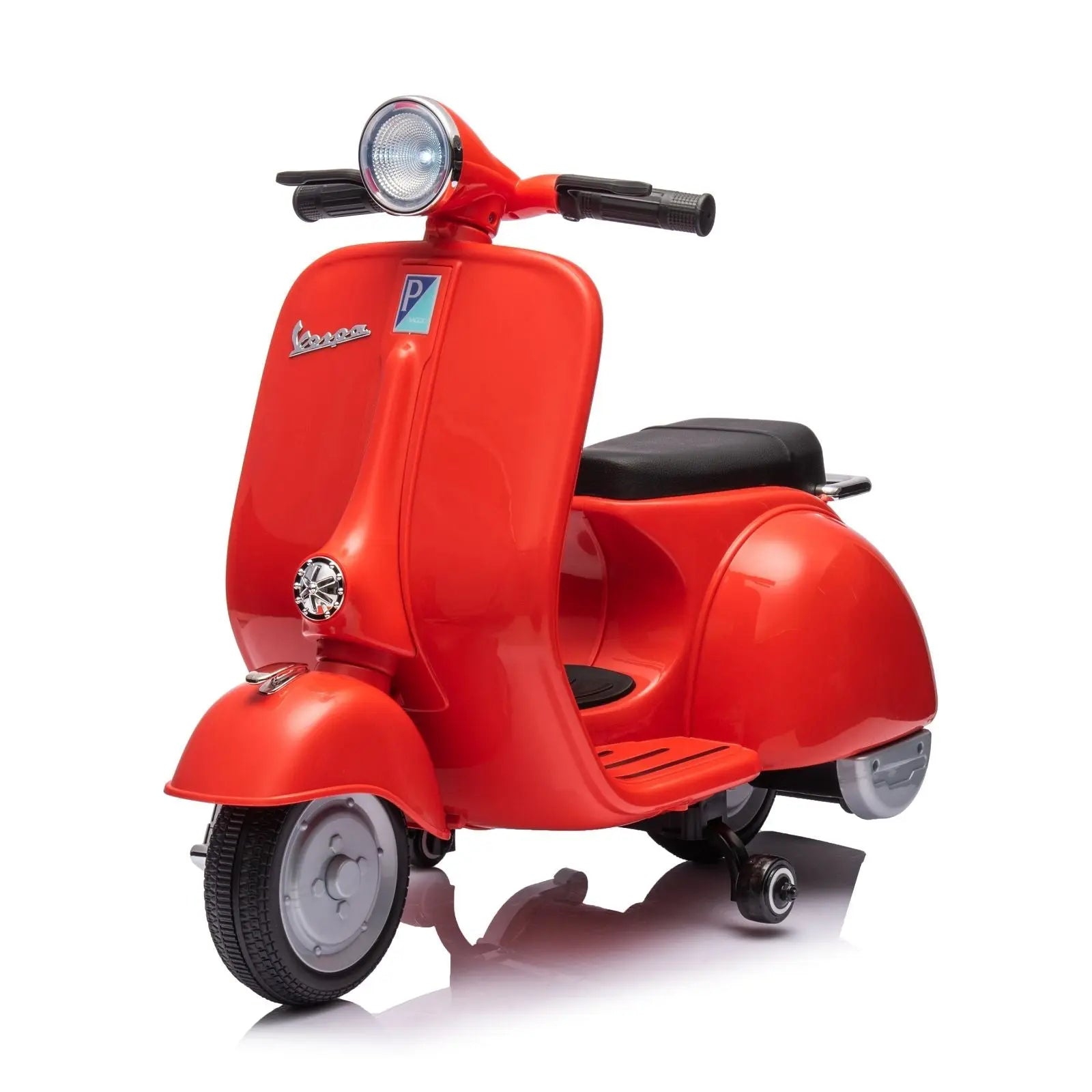 Red 12V kids Vespa electric ride-on scooter with black seat and training wheels
