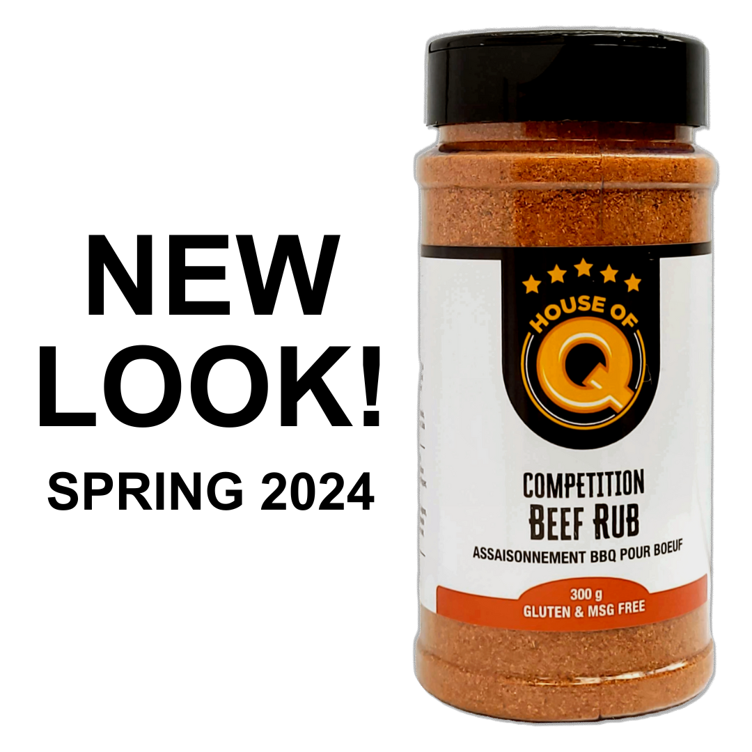 House of Q competition beef rub seasoning bottle with new look label, spring 2024 announcement.