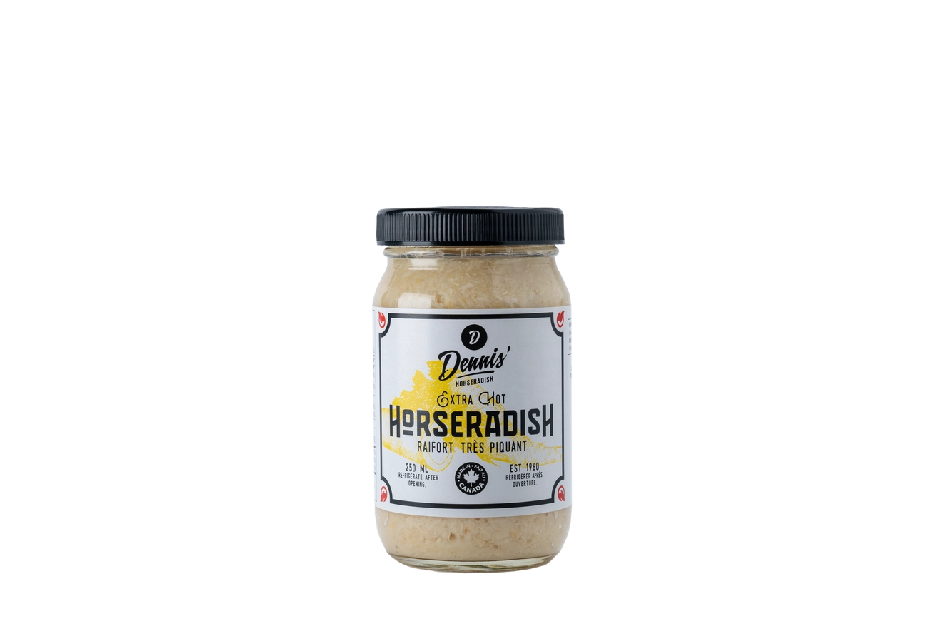 Glass jar of Dennis' extra hot horseradish condiment, 250 ml, on white background