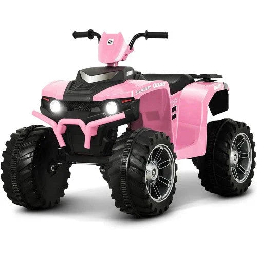 Pink electric kids quad bike with large black wheels and LED headlights