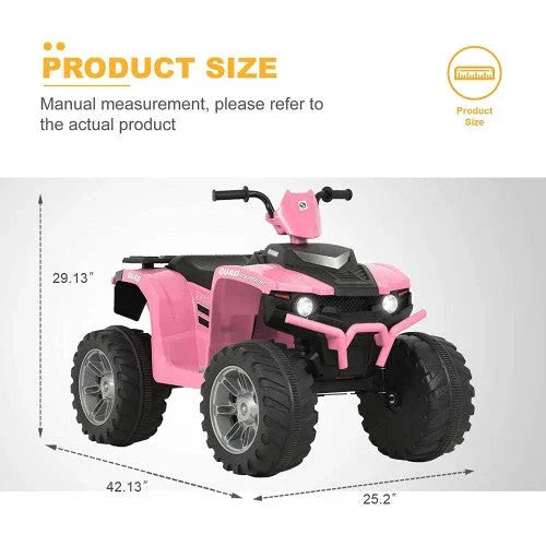 Pink 12V kids ride-on ATV with black and gray accents, designed for ages 3 to 7, shown with product dimensions