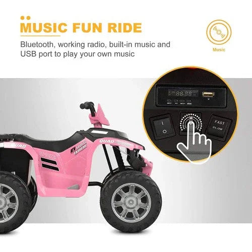 Pink 12V kids ride-on ATV with Bluetooth music, radio, USB port, for ages 3 to 7