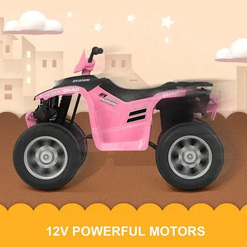 Pink 12V kids ride-on quad ATV with powerful motors, ideal for outdoor play
