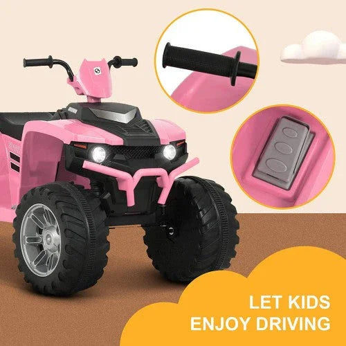 Pink 12V kids ride-on ATV with large tires and handlebars, suitable for ages 3 to 7