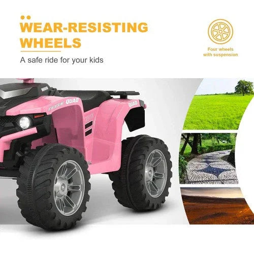 Pink 12v kids ATV ride-on toy with wear-resistant wheels and suspension for outdoor play