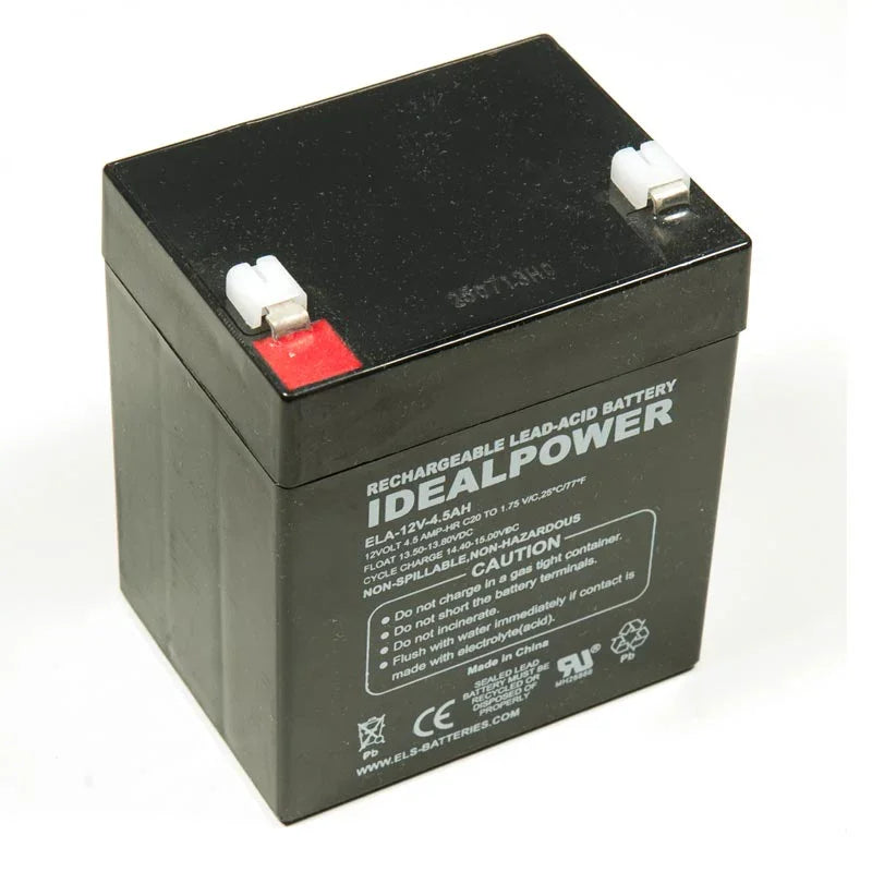Black Ideal Power rechargeable 12V 4.5Ah lead-acid battery with white terminals on white background