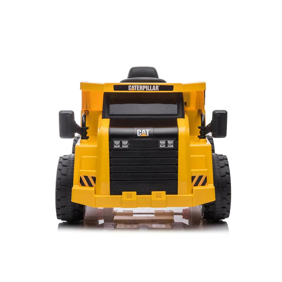 Front view of yellow 12V Caterpillar electric dump truck kids ride-on toy with black wheels