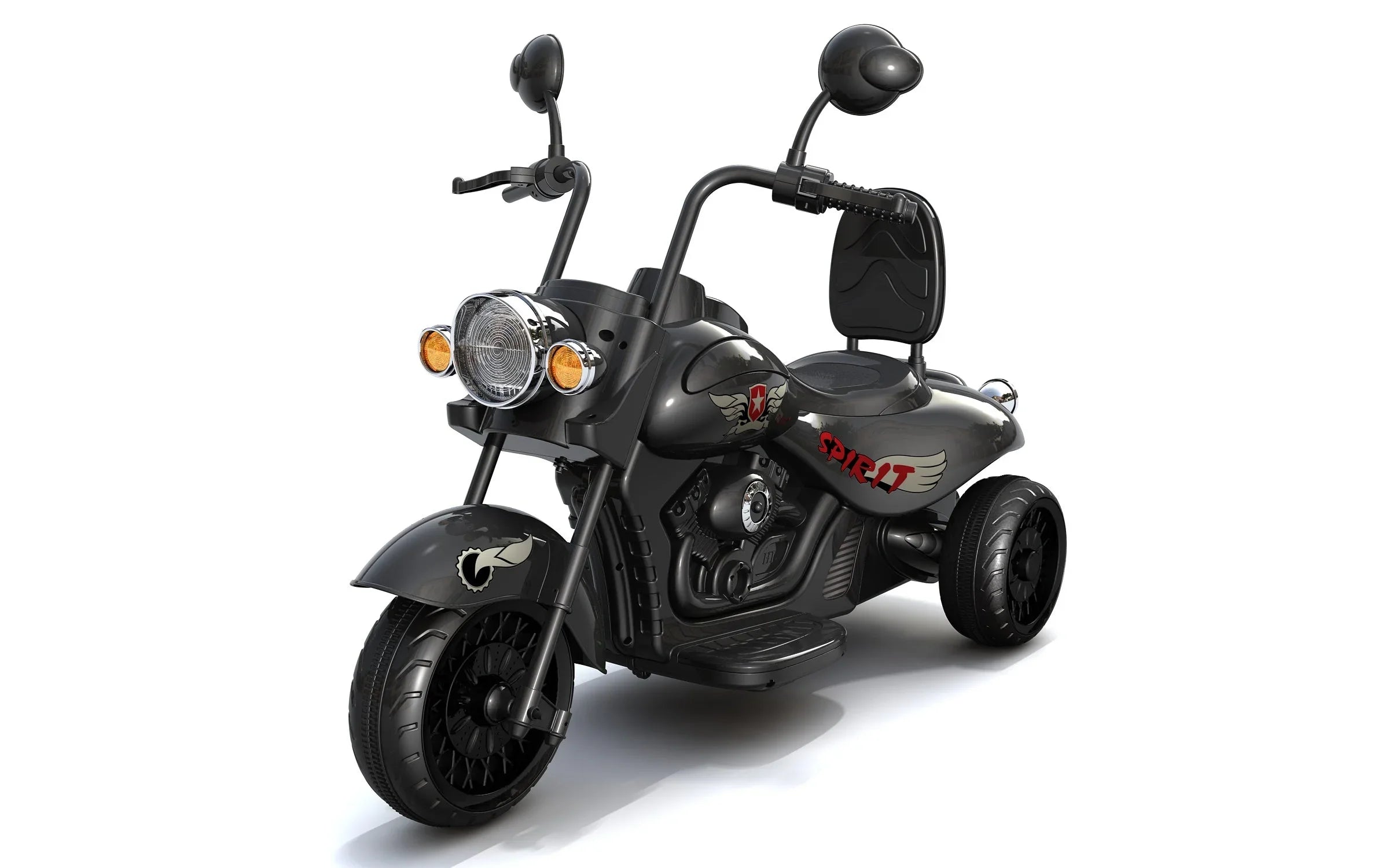 Black kids' ride-on tricycle motorcycle toy with 'Spirit' logo, headlights, and mirrors