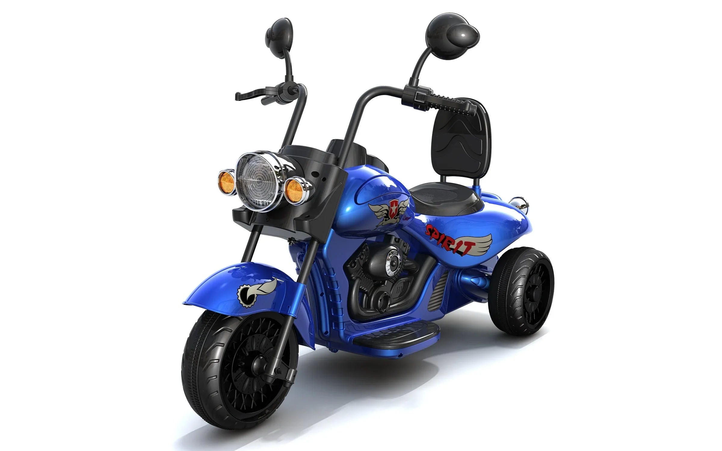 Blue kids electric ride-on motorcycle trike with 'SPIRIT' decals, chrome accents, and mirrors