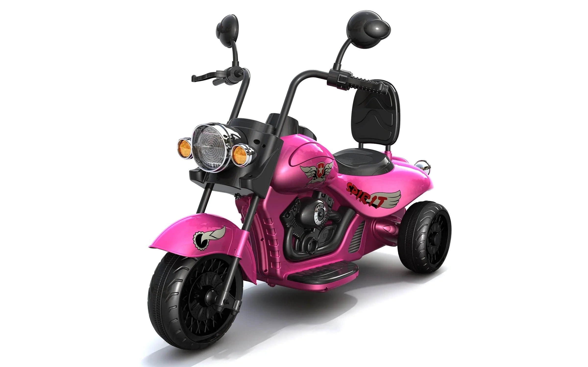 Pink children's electric ride-on tricycle motorcycle with Spirit logo on white background