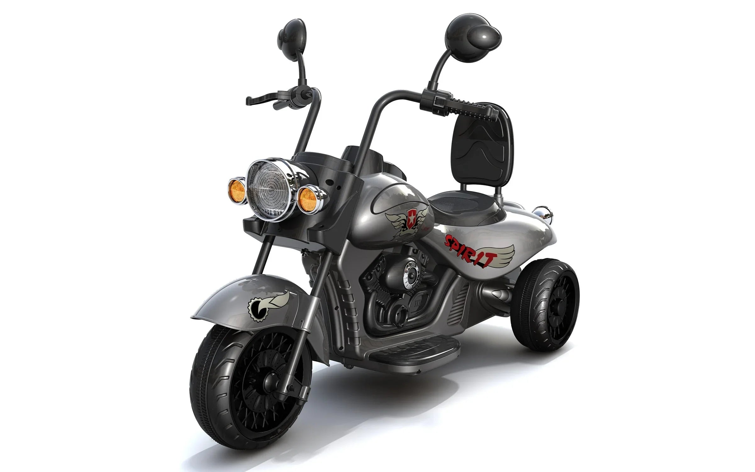 12V black and gray chopper-style cruiser motorized tricycle for kids with winged Spirit decal and backrest