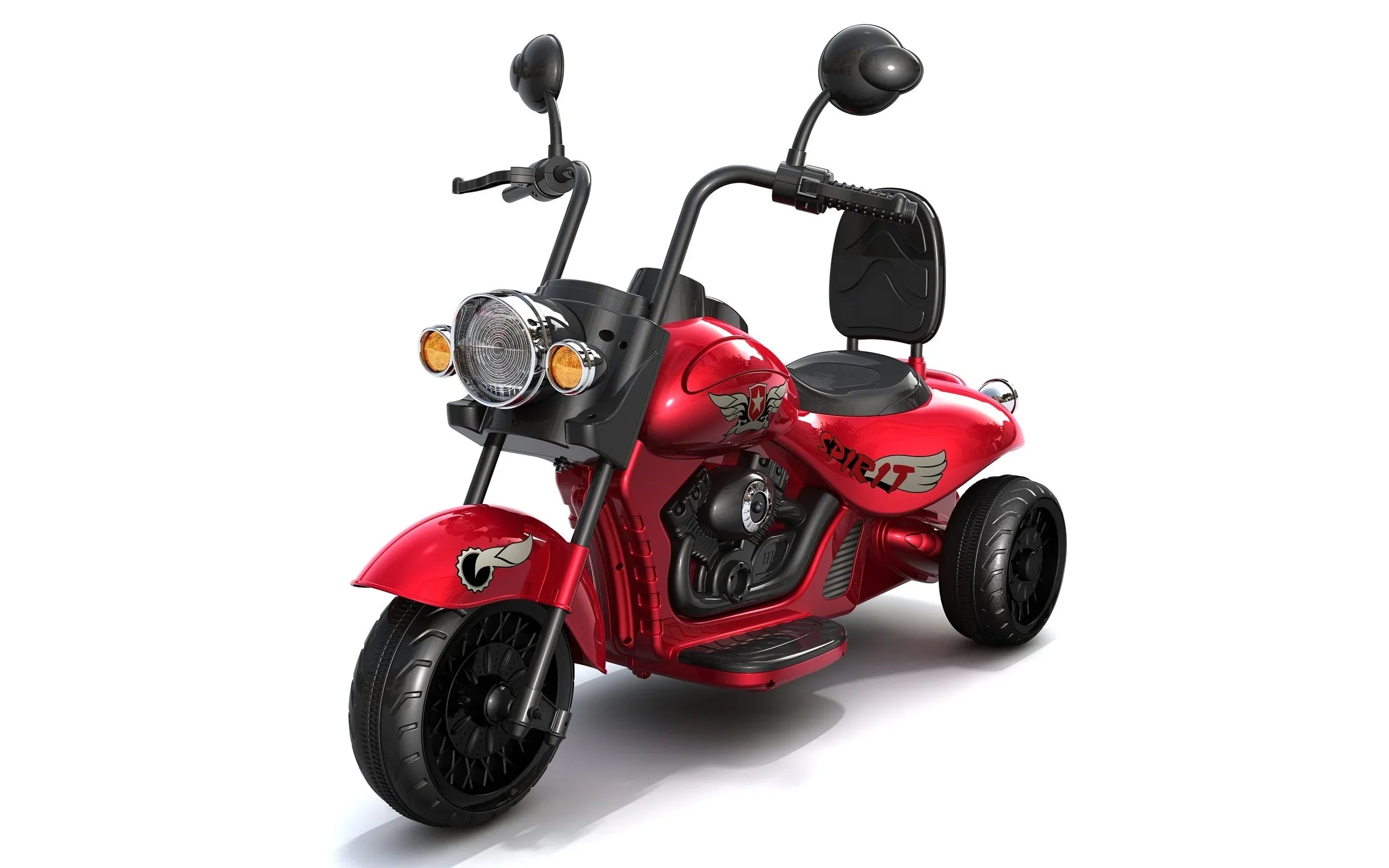 Red 12V electric chopper cruiser tricycle with black seat and wings decal, kids ride-on toy