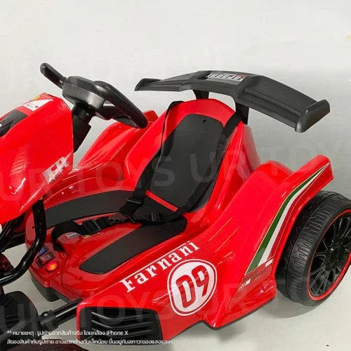 Red kids' electric go-kart with sporty design, steering wheel, black seat, and rear spoiler.