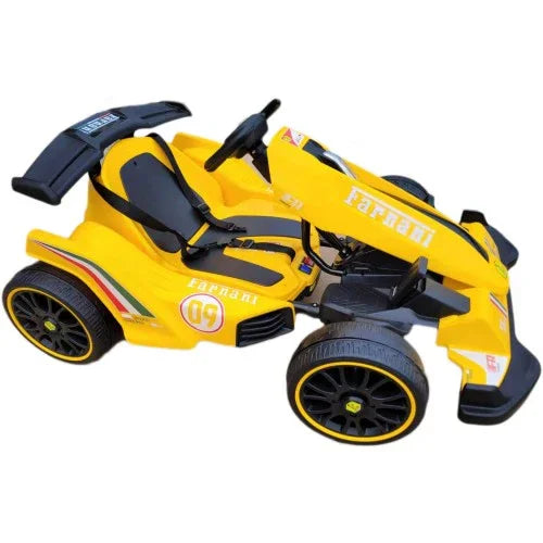 Yellow kids' electric go-kart car with sporty design and black wheels, labeled Faradi 09.
