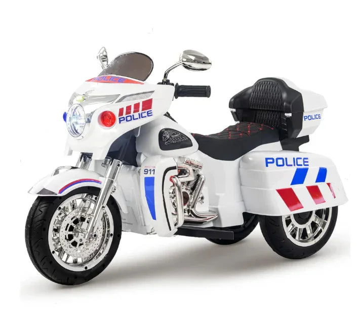 White kids police ride-on motorcycle toy with blue and red details, 911 decals, chrome wheels