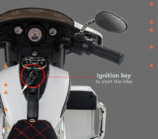 Close-up of white kids' three-wheeled ride-on motorcycle dashboard with ignition key, side mirror, and black seat