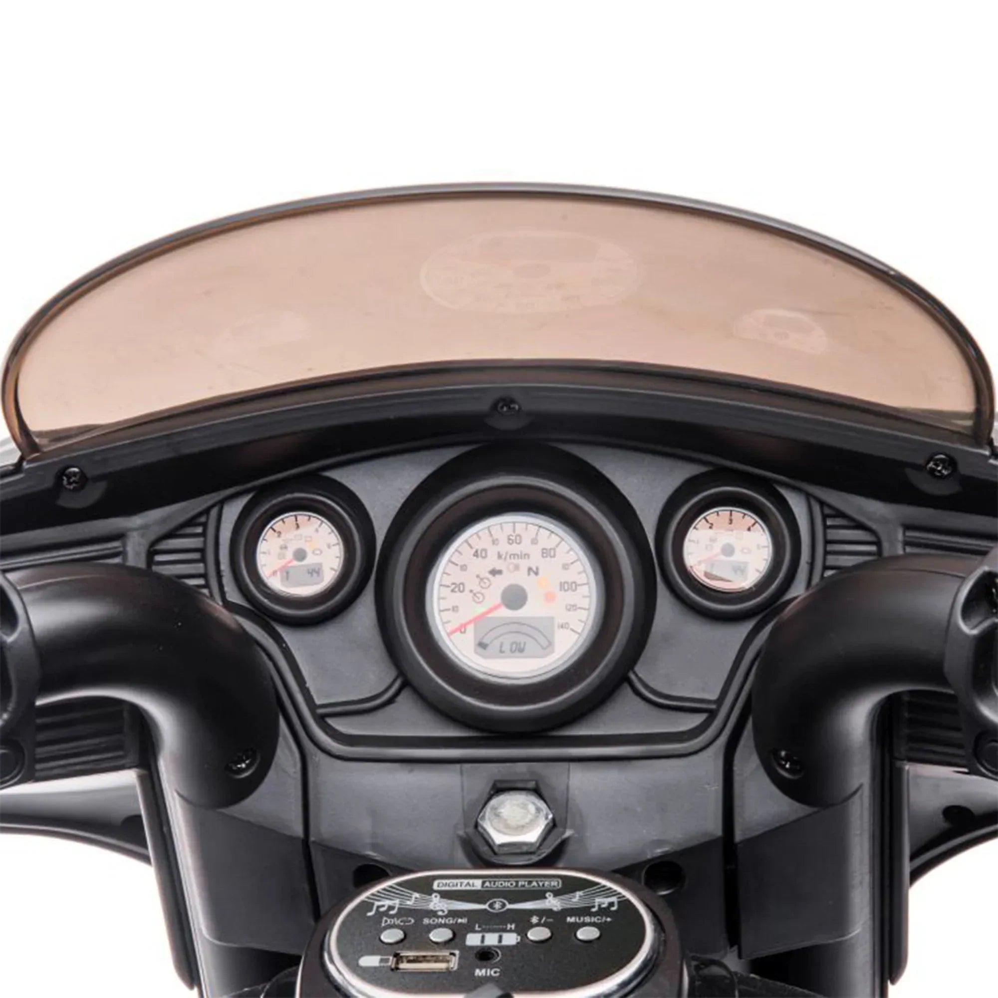 Dashboard close-up of Leapfrog Outdoor kids 12V three-wheeled ride-on motorcycle with digital audio player