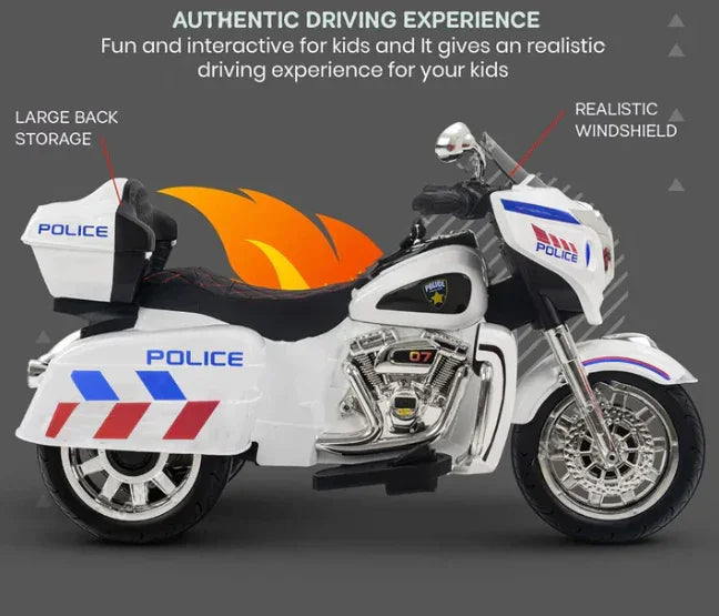 White kids police ride-on three-wheeled motorcycle with large back storage and realistic windshield for ages 3-8