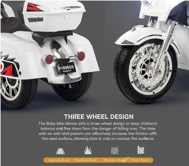 White three-wheeled kids ride-on motorcycle for ages 3-8 with anti-skid tires, designed for outdoor use on asphalt, meadow, wooden, and brick roads