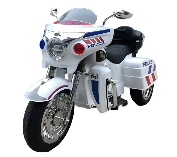 White kids' police ride-on motorcycle toy with black seat, red and blue markings, and chrome details