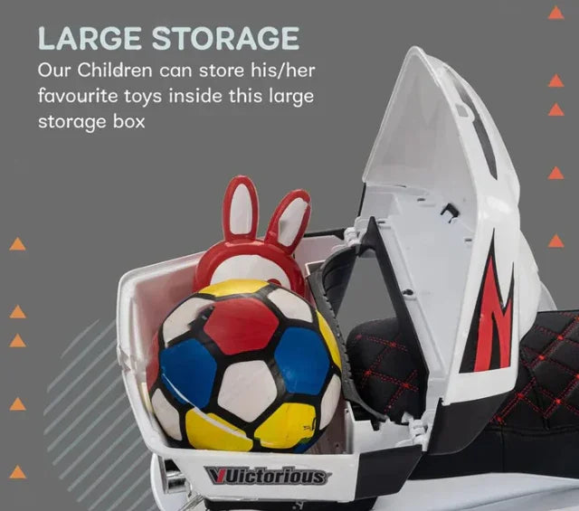 12V kids ride-on three-wheeled motorcycle with large storage box holding soccer ball and toy indoors