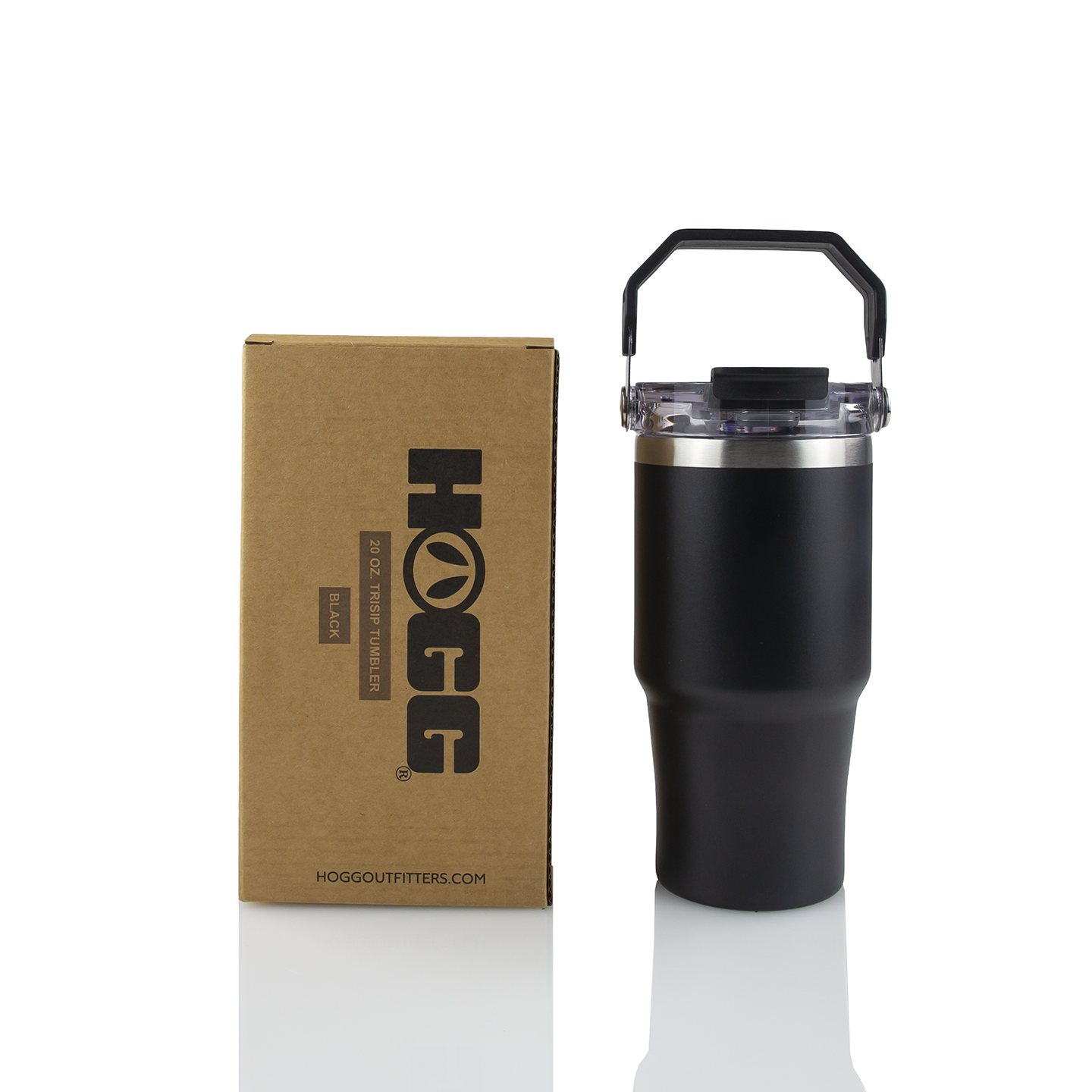 Black 20oz stainless steel travel tumbler with handle and box, outdoor camping gear