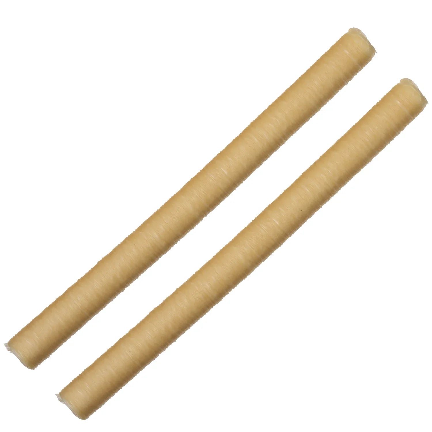 Two clear edible sausage casings on a white background, hunting food prep gear