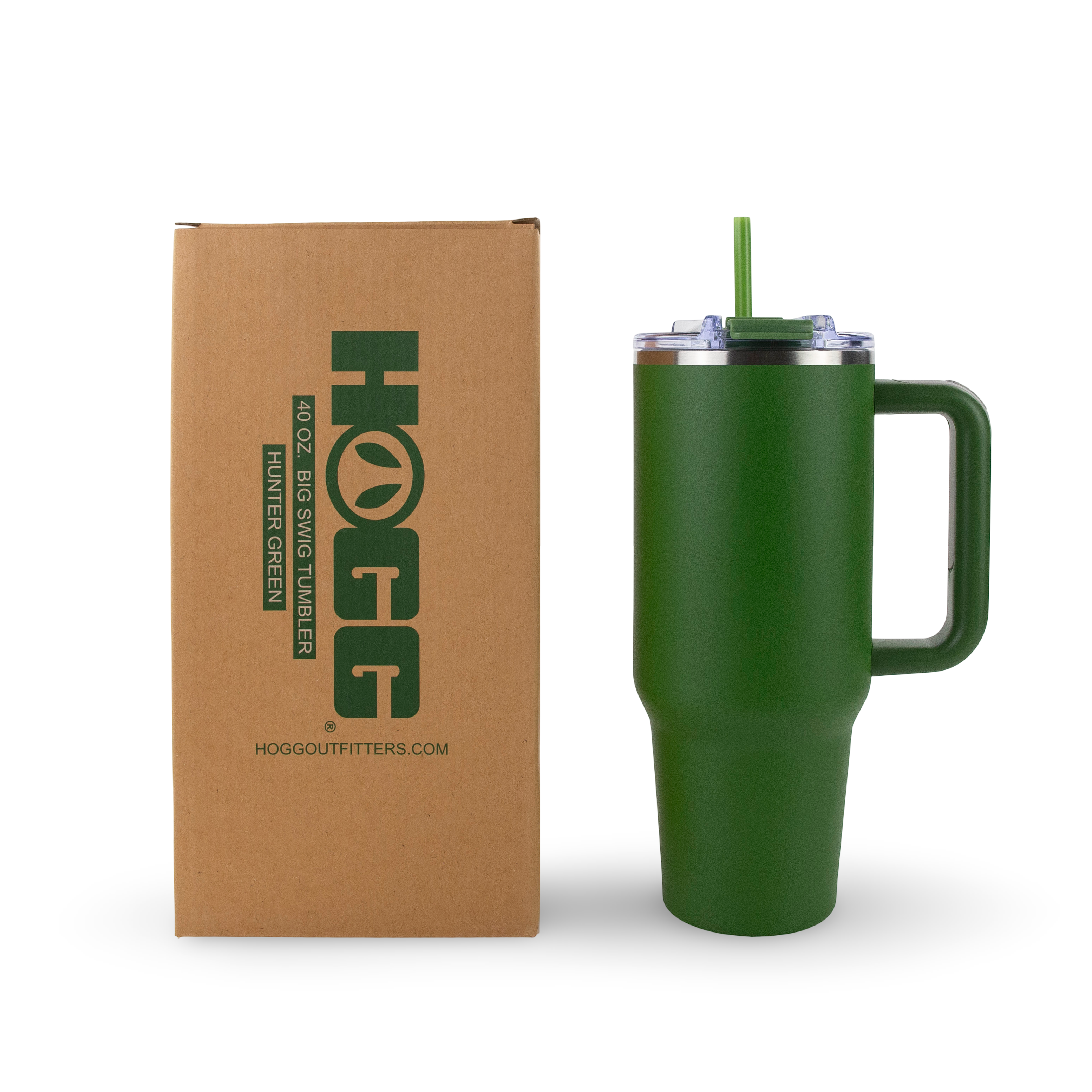 Hunter green 40oz insulated tumbler with handle and straw beside product box