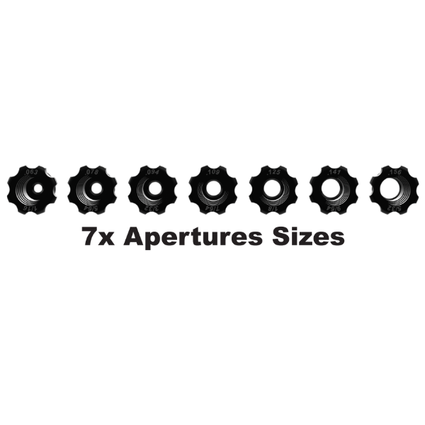 Seven archery aperture sizes for bow sights displayed in a row on a black background.