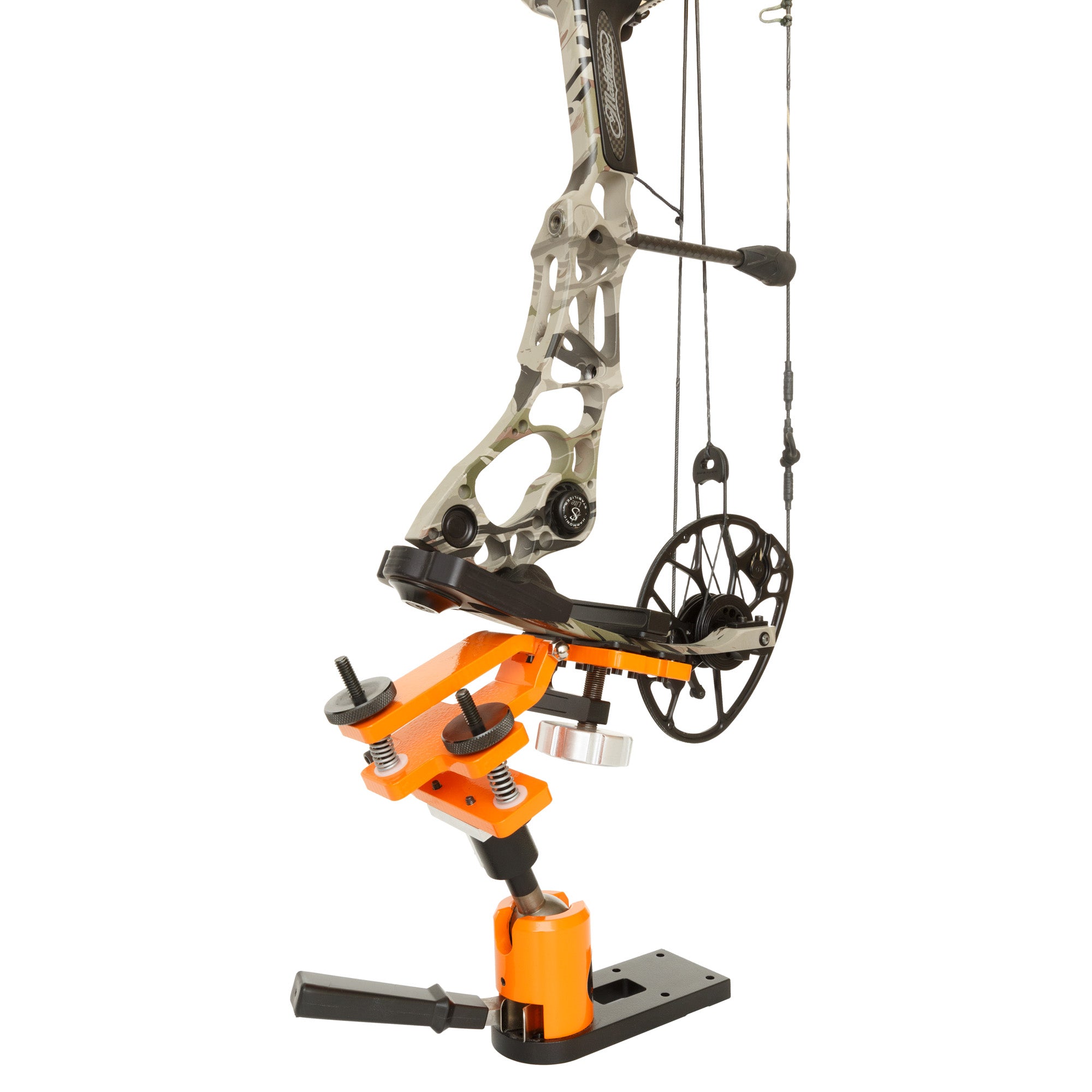 Archery bow mounted on orange bow vise tool, ideal for hunting and archery tuning
