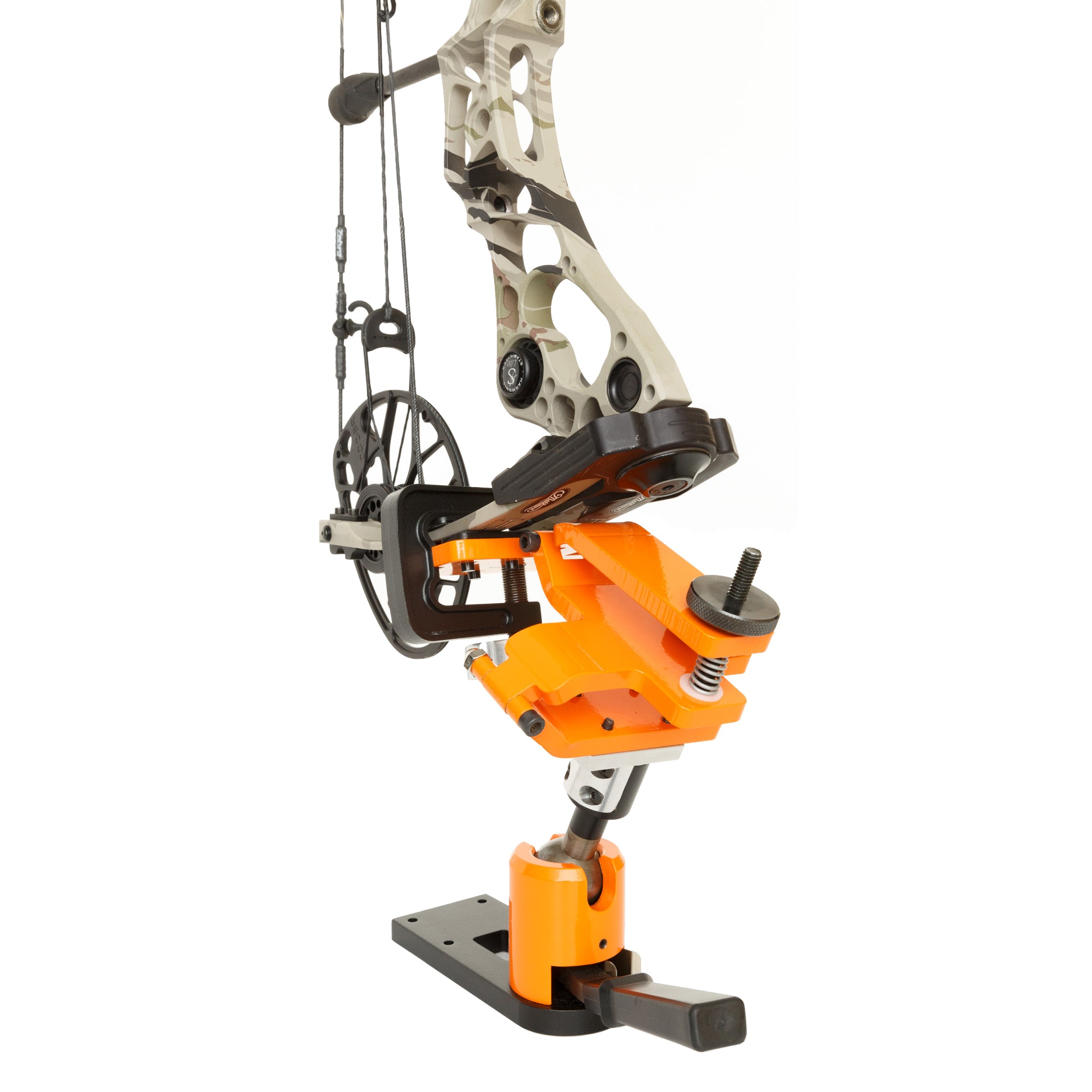 Archery bow mounted on an orange bow vise for tuning and maintenance