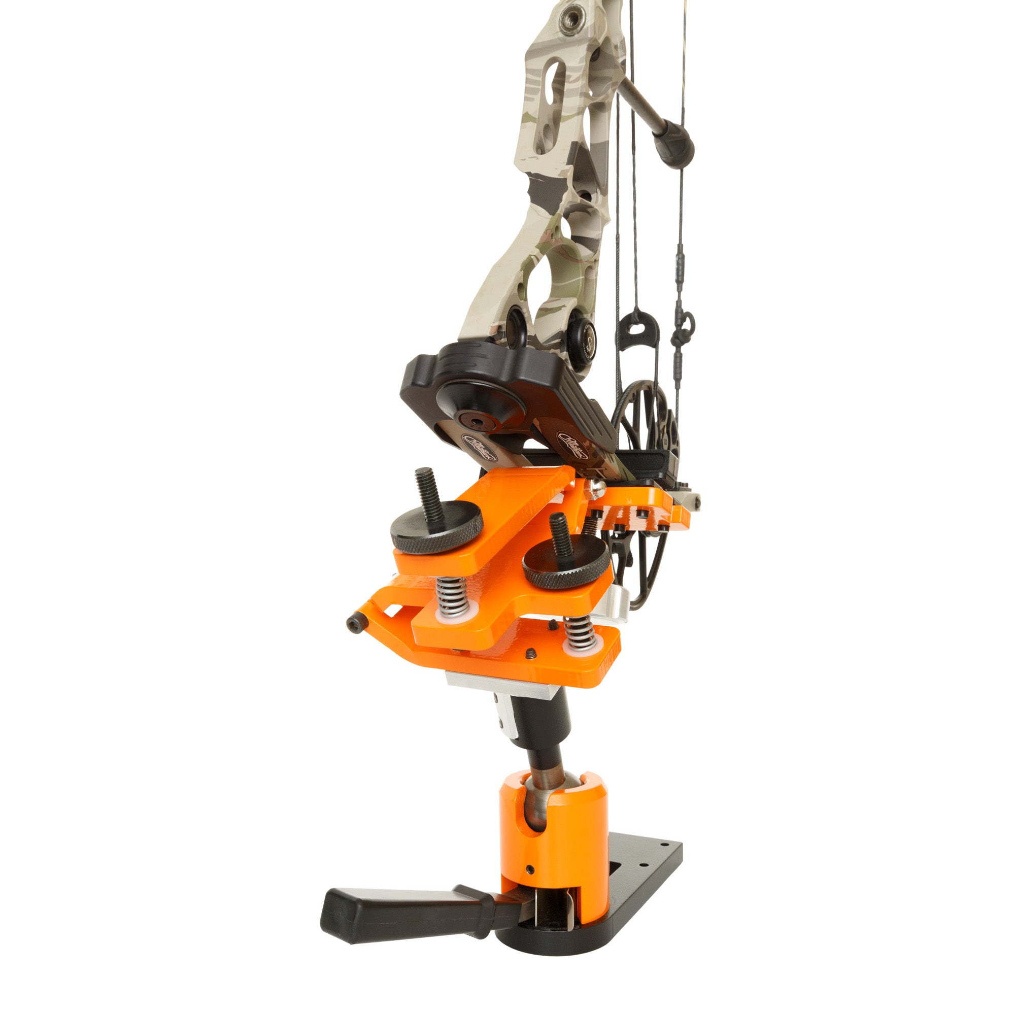 Compound bow secured in orange archery bow tuning vise on white background