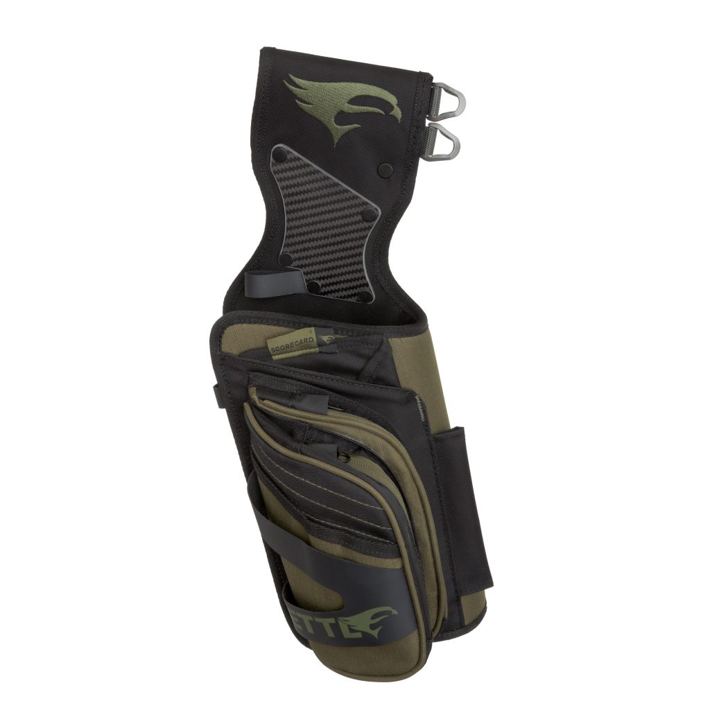 Archery quiver pouch in black and olive, with multiple pockets and attachment loops.