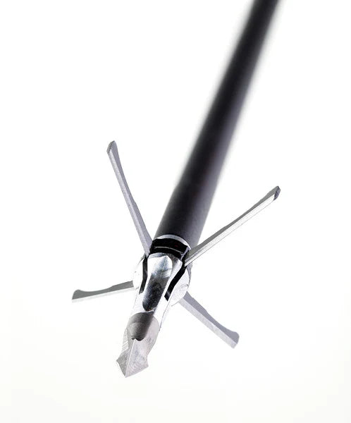 Mechanical broadhead arrow tip for archery with deployable blades, isolated on white background