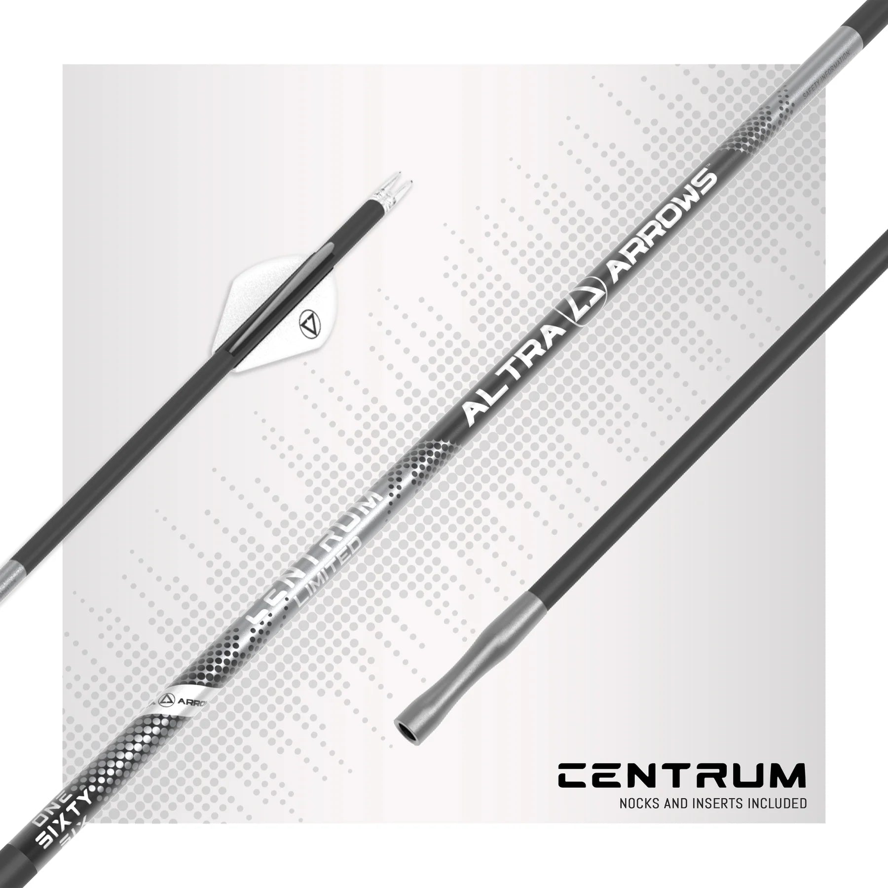 Altra Arrows Centrum Limited carbon arrow shaft with fletching, nock, and insert shown on a modern background.