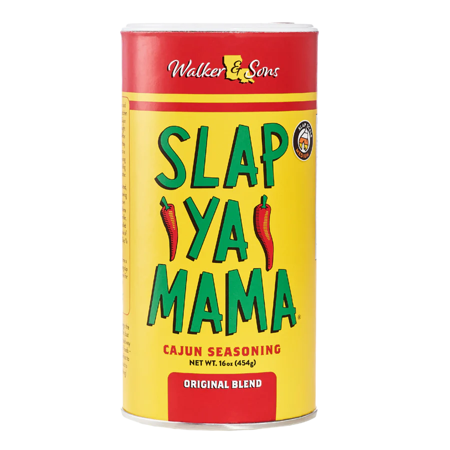 16 oz Slap Ya Mama Original Cajun seasoning can with red and yellow label and chili peppers