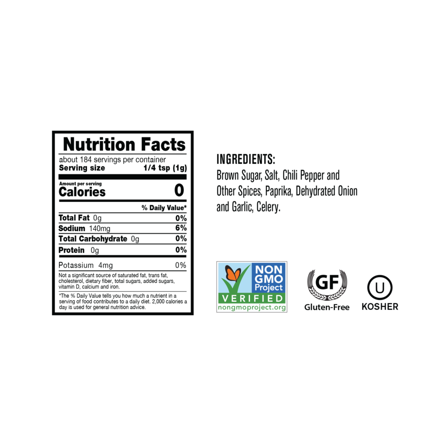 Seasoning nutrition facts label, ingredients list with brown sugar, spices, and allergen certifications.