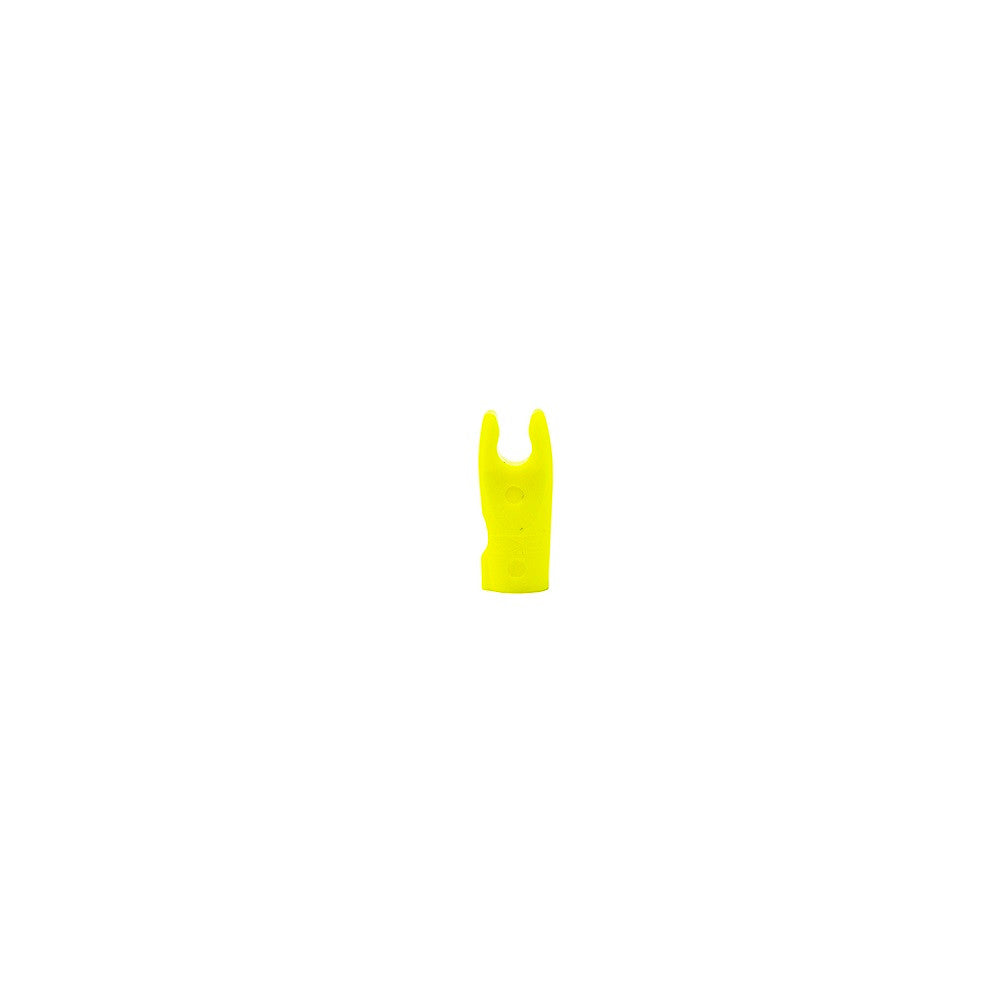 Bright yellow plastic arrow nock for archery on white background