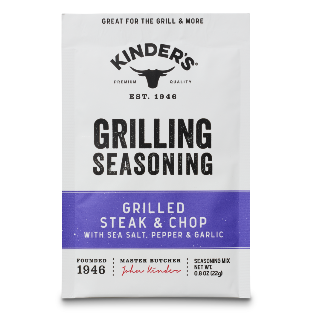 Kinder's grilling seasoning packet for grilled steak and chop, sea salt, pepper, garlic.